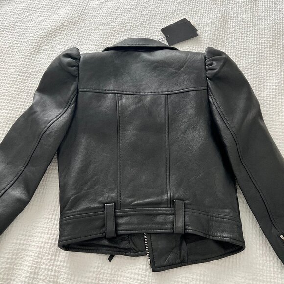 NWT Retrofête Tai Leather Jacket Black/Silver Puff Sleeve XS - Picture 7 of 13